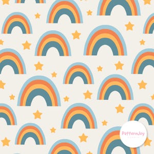 Pode incluir: Padrão repetitivo de arco-íris e estrelas estilizadas sobre um fundo creme. Os arco-íris apresentam arcos azuis, laranja e amarelos. Espalhadas estão estrelas amarelas de cinco pontas. O design é adequado para várias aplicações, como tecido ou papel de parede.