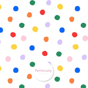 Pode incluir: Um fundo branco com um padrão repetitivo de bolinhas coloridas em vários tamanhos. As bolinhas são em tons de vermelho, laranja, amarelo, verde, azul, rosa e roxo. O logotipo do estúdio PatternJoy está no canto inferior direito.