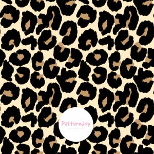 May include: A seamless pattern featuring black leopard spots with tan centers on a cream background. The design is repeated across the surface. A white circle with the text "PatternJoy studio" is in the lower center.