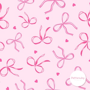 Pode incluir: Padrão sem costura com laços rosa e pequenos corações rosa sobre um fundo rosa claro. Os laços variam em estilo e tamanho, criando um design lúdico e feminino. Adequado para várias aplicações, o padrão é atraente.