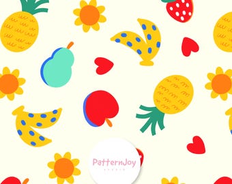 Patrón sin costuras de frutas divertidas para tela infantil, ilustración colorida para papel tapiz y uso comercial