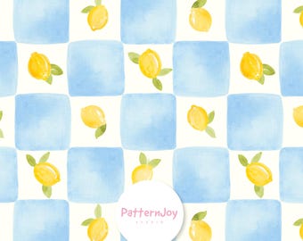 Patrón sin costuras de limón a cuadros en acuarela, papel digital de frutas a cuadros azules, diseño de superficie de limón estilo cottagecore