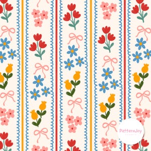 Può includere: Motivo ripetuto con strisce verticali su sfondo crema. Il design include fiori rossi, gialli, rosa e blu, e fiocchi rosa. Il motivo ha un tema floreale e fantasioso, adatto a vari usi.