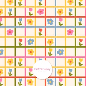 Pode incluir: Um padrão repetitivo de flores coloridas e linhas que se cruzam em rosa, amarelo, verde e azul. As flores são de várias cores, incluindo rosa, amarelo e azul. O fundo é creme. O texto "PatternJoy Studio" está em um círculo branco.