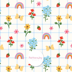 May include: A whimsical pattern featuring colorful illustrations of flowers, butterflies, rainbows, and strawberries on a light blue grid background. The design includes sunflowers, red and pink flowers, and blue forget-me-nots. The PatternJoy Studio logo is visible.