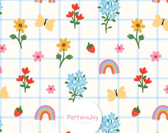 Diseño floral sin costuras, cuadrícula arcoíris adorable para guardería, mariposas, fresas y flores, diseño de tela para niña, papel digital estilo cottagecore