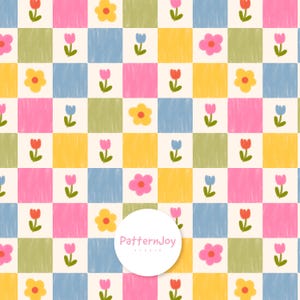 Pode incluir: Um padrão colorido e repetitivo com um design de tabuleiro de xadrez com quadrados alternados em rosa, amarelo, verde e azul. Cada quadrado contém uma ilustração de flor ou tulipa. O logotipo PatternJoy Studio está no centro inferior.