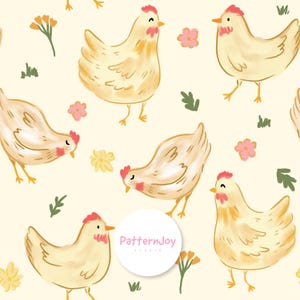 May include: Watercolor illustration of a repeating pattern featuring chickens, flowers, and foliage. The chickens are light yellow with red combs and beaks. Pink and yellow flowers and green leaves are scattered across a cream background.