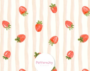Patrón sin costuras de rayas de fresas en acuarela, papel digital de bayas con suaves líneas color melocotón, diseño de superficie frutal estilo cottagecore