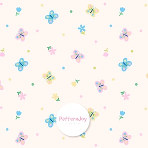 Pode incluir: Padrão repetitivo de borboletas, flores e pontos em cores pastel. As borboletas são azuis, amarelas e rosas, com detalhes nas asas. As flores são rosas, azuis e amarelas, e os pontos são verdes e azuis.