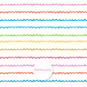 Pode incluir: Um padrão repetitivo de linhas onduladas coloridas em rosa, vermelho, azul, verde, amarelo e laranja sobre um fundo branco. A imagem inclui o texto "PatternJoy studio" em um círculo branco.