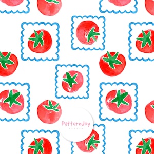 Pode incluir: Padrão repetitivo de tomates em aquarela com caules verdes sobre fundo branco. Cada tomate está dentro de um quadrado azul com bordas onduladas. O design é um padrão contínuo, adequado para diversas aplicações.