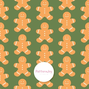 Pode incluir: Um padrão repetitivo de bonecos de gengibre laranja claro sobre um fundo verde-oliva sólido. Cada boneco apresenta um rosto sorridente, três pontos brancos no centro e linhas onduladas brancas nos braços e pernas. Um logótipo circular branco com o texto PatternJoy Studio está centrado.