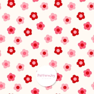 May include: A repeating pattern of five-petaled flowers in shades of red and light pink on a cream background. A white circular logo with the text PatternJoy studio is centered near the bottom, partially overlapping the floral design.