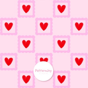 Peut inclure: Motif répétitif de cœurs rouges dans des cadres roses festonnés sur fond rose clair. Les cœurs sont dessinés à la main et les cadres sont carrés. Le design est simple et joyeux, adapté à diverses applications.