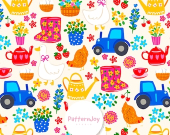 Vida de granja sin costuras, patrón de pollo y ganso de granja, papel digital para tela decorativa infantil, tela caprichosa para manualidades infantiles, estilo cottagecore