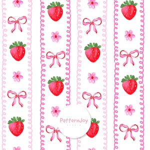 May include: A repeating pattern featuring watercolor illustrations of bright red strawberries with green tops, pink bows, and small pink flowers. The design includes vertical stripes of pink swirls and is set against a white background. The text "PatternJoy studio" is in a white circle.