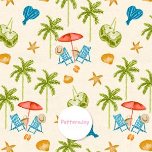 May include: A repeating pattern featuring beach elements. Palm trees, beach chairs, umbrellas, coconuts, seashells, and starfish are scattered across a cream-colored background. The design includes a red umbrella, blue chairs, and green palm trees. The text "PatternJoy studio" is in a white circle.