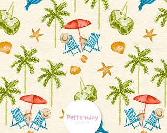 Patrón de playa sin costuras con palmeras, cocos y sillas de playa: papel digital tropical de verano