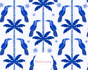 Patrón tropical sin costuras de tucán azul con hojas de palmera: ilustración botánica moderna de selva
