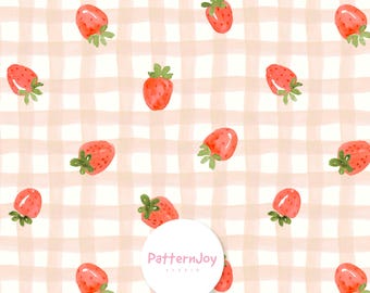 Diseño sin costuras de cuadros vichy con fresas en acuarela, papel digital de bayas a cuadros melocotón, diseño de superficie frutal de textura suave estilo cottagecore