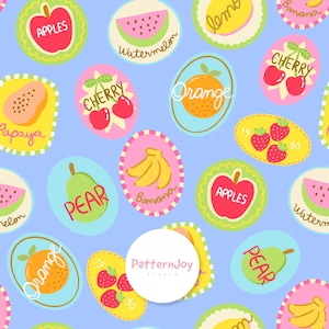 Fruit Sticker Seamless Pattern, Retro Food Label Repeat for Fabric, Packaging Design, Sublimation, Digital File, Trendy Kitchen Pattern