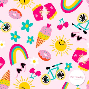 May include: A repeating pattern on a pink background featuring colorful illustrations of a smiling sun, ice cream cones, donuts, flowers, cherries, roller skates, rainbows, bicycles, and heart-shaped sunglasses. The design is playful and whimsical.