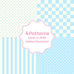 Pode incluir: Quatro padrões digitais em cores pastel. Os padrões incluem bolinhas, listras e um design xadrez. A imagem inclui o texto "4 Patterns 12x12 in JPEG Instant Download".