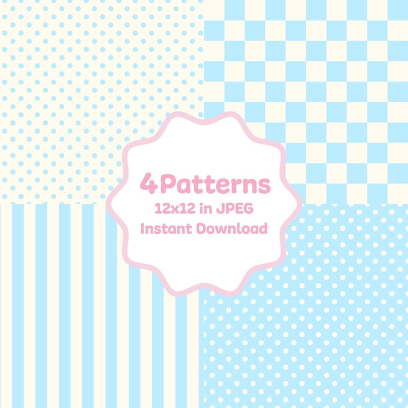 Pu&ograve; includere: Quattro modelli digitali in colori pastello. I modelli includono pois, strisce e un motivo a scacchiera. L'immagine include il testo "4 Patterns 12x12 in JPEG Instant Download".