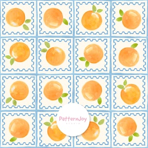 Pode incluir: Padrão repetitivo de laranjas em aquarela com folhas verdes, emolduradas em quadrados com linhas azuis sobre fundo creme. O design apresenta uma estética lúdica e pintada à mão, ideal para tecido ou papel de parede.