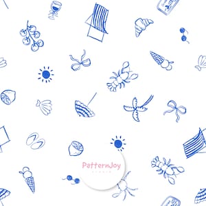 Pode incluir: Fundo branco com um padrão repetitivo de ícones de verão azuis desenhados à mão. As ilustrações incluem uma cadeira de praia, sol, sorvete, lagosta, óculos de sol e outros elementos temáticos de férias. O texto "PatternJoy studio" também está presente.
