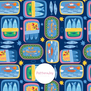 May include: A repeating pattern featuring sardine tins in various shapes and colours on a dark blue background. The tins are blue, yellow, and pink, with illustrations of fish, waves, and the word "Sardines". Stars and fish accents complete the design.