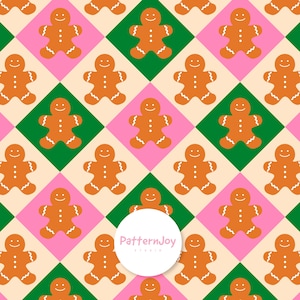 Pink & Green Gingerbread Seamless Pattern, Retro Christmas Digital Paper, Cute Holiday Surface Pattern, Cookie Print Download