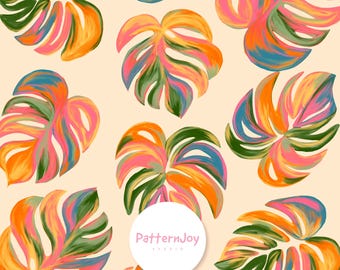 Patrón sin costuras de hojas tropicales coloridas, estampado botánico pintado a mano, diseño floral moderno para tela, descarga digital