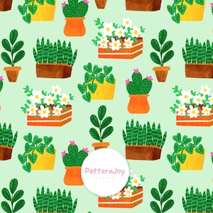 Pode incluir: Padrão repetitivo de plantas em vasos de várias formas e tamanhos. As plantas estão em vasos laranja, amarelos e castanhos, com folhas verdes e flores brancas. O fundo é verde claro. O logotipo PatternJoy está no centro.