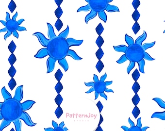 Diseño sin costuras del sol mediterráneo azul, estampado veraniego costero pintado a mano, diseño textil celestial bohemio, patrón de papel tapiz azul cobalto