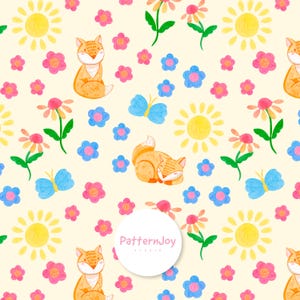 Pode incluir: Padrão aquarela repetido com raposas, borboletas, flores e sóis em tons de laranja, rosa, azul e amarelo. O design inclui ilustrações em estilo cartoon sobre um fundo creme. O texto "PatternJoy studio" está em um círculo branco.