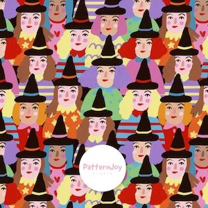 May include: A repeating pattern of illustrated figures wearing black pointed hats. The figures have diverse hair colors including blonde, red, brown, and purple, and wear colorful tops with various patterns. The text PatternJoy Studio is visible.