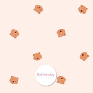 May include: A repeating pattern of light brown teddy bear heads on a pale peach background. A circular white logo with the pink text PatternJoy Studio is centered near the bottom, partially overlapping the bear pattern.