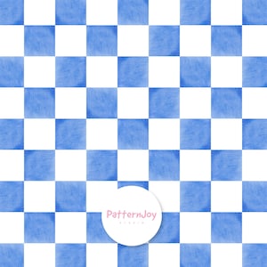 Pode incluir: Um padrão xadrez repetitivo com quadrados brancos e azuis alternados com uma textura de aguarela. Um logótipo circular branco com o texto PatternJoy Studio está centrado sobre a parte inferior da grelha azul e branca.
