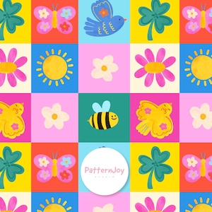 Pode incluir: Um padrão colorido e repetitivo com quadrados contendo várias ilustrações. O design inclui borboletas, pássaros, flores, abelhas, trevos e sóis. A paleta de cores é vibrante, com tons de rosa, amarelo, azul e verde. O logotipo PatternJoy Studio está no centro.