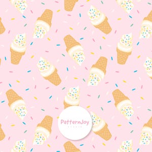 May include: A repeating pattern of ice cream cones with vanilla soft serve and colorful sprinkles on a light pink background. The cones are brown, and the sprinkles are blue, yellow, and green. The image includes the text "PatternJoy studio".