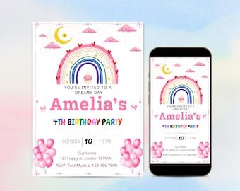 May include: A birthday party invitation with a rainbow, moon, and pink clouds design. The invitation says "You're invited to a dreamy day" and announces "Amelia's 4th Birthday Party" on October 10th at 1:5 PM. A smartphone shows the same design.