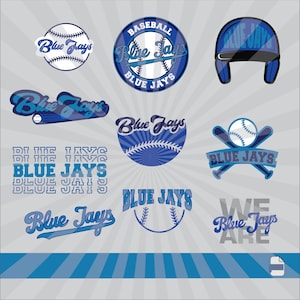 May include: A collection of blue and white baseball-themed graphics featuring the text "Blue Jays." The designs include baseballs, a helmet, and the team name in various fonts and styles. The background is a light gray with blue stripes.