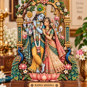 May include: A detailed statue of Radha Krishna standing under a decorative arch with peacocks on both sides. Krishna plays a flute while Radha stands beside him. The base features a plaque with the text RADHA KRISHNA, surrounded by lotus flowers.