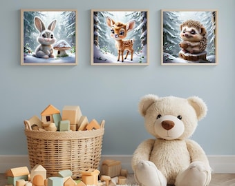 Winterse drieluikprints, bosdieren konijn hert egel (digitale download)