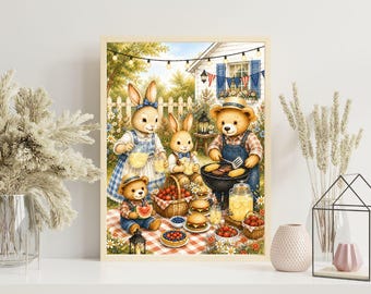 Zomer familie picknick kwekerij print, vintage Americana BBQ-muurkunst, aquarel familie poster konijntje beer, patriottische boerderij kinderdecor