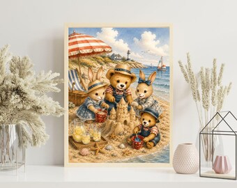 Strandvakantie kwekerij print, kust Americana kunst aan de muur, aquarel konijntje beer familie poster, zomer strand kinderen decor, vintage kunst aan zee