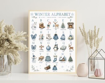 Winteralfabetposter, winterse ABC-print, aquarel muurdecoratie voor de kinderkamer, gezellig seizoensalfabet, leerzaam printbaar materiaal voor kleuters, decoratie voor de kinderkamer