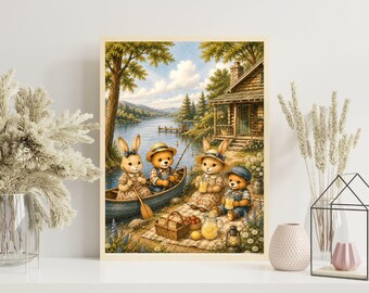 Cadeau voor kinderen, Lake Vacation kwekerij print, aquarel familie poster konijntje beer, gezellige hut kunst aan de muur, Cottagecore Lake House decor